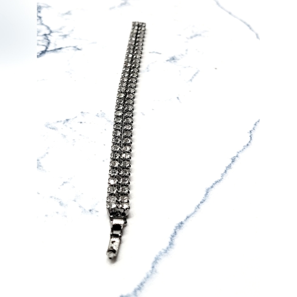 VINTAGE Double rhinestone chain link tennis bracelet, 7" - Picture 6 of 16